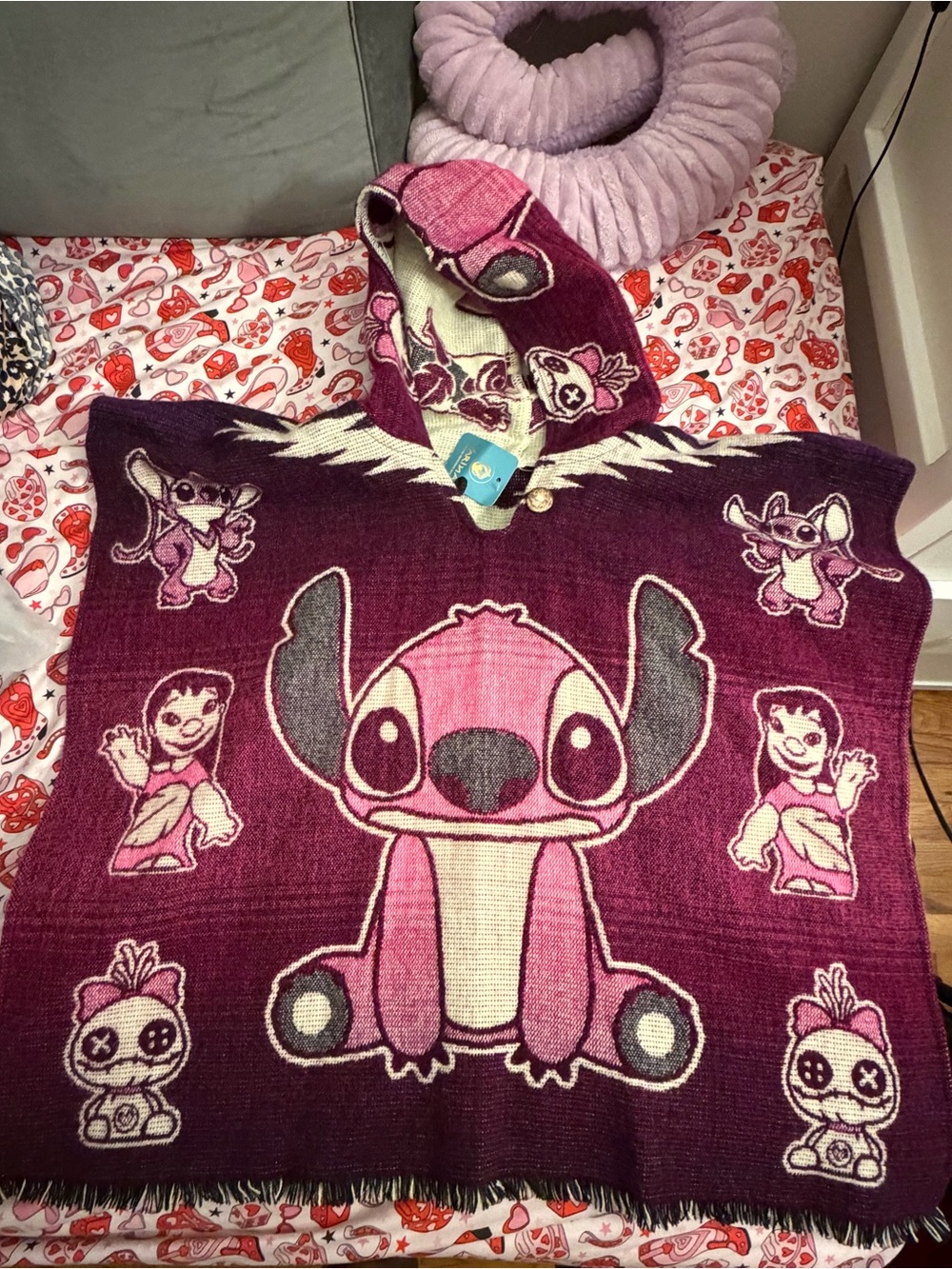 Yarina Disney Stitch Hooded Poncho Ecuador Pink Girls One Size 70% Alpaca NWT